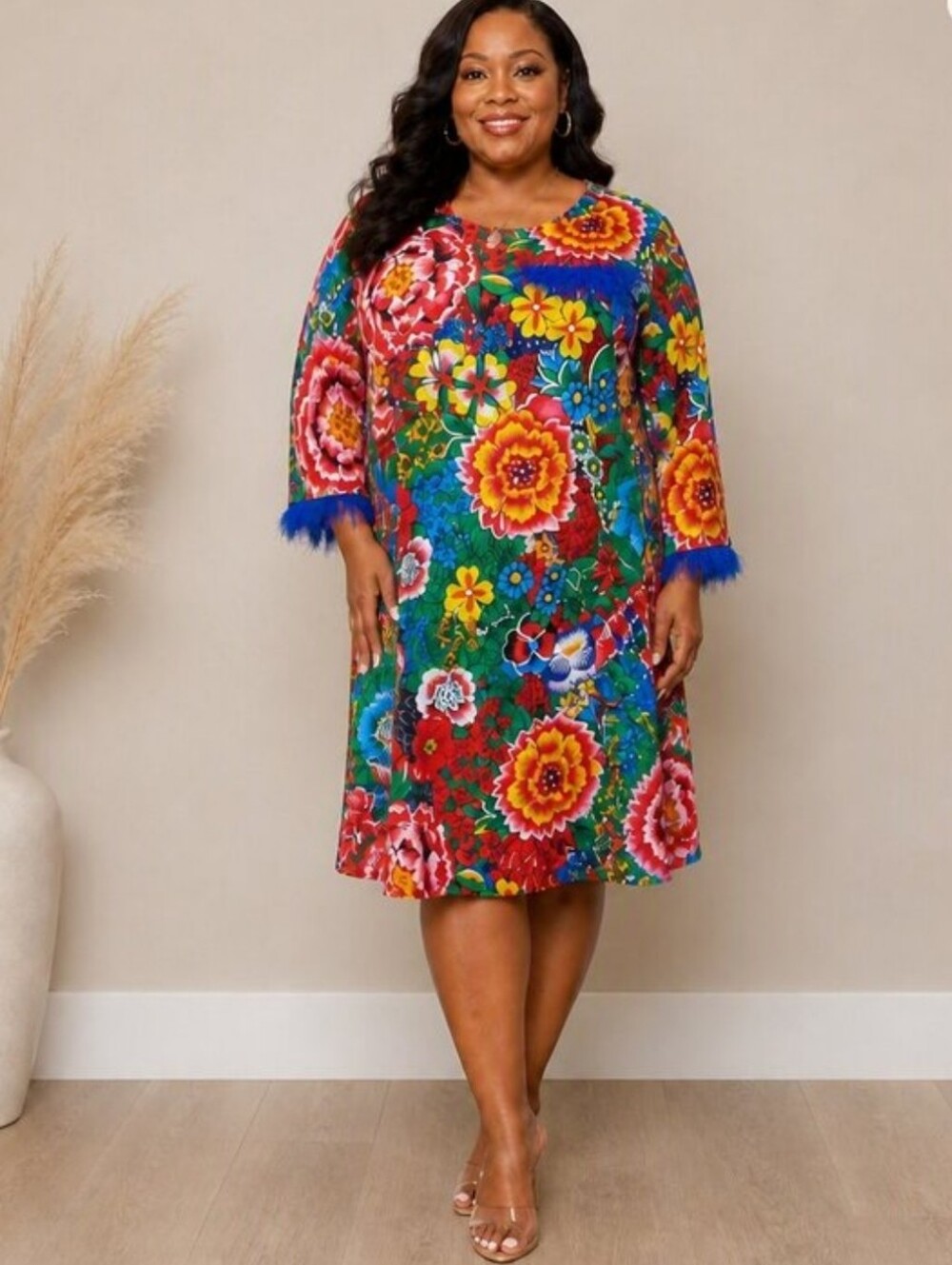 Ankara Vibrant Floral Shift Dress with Ostrich Feather Trim